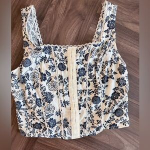 Cream and navy floral print lace trim corset top
